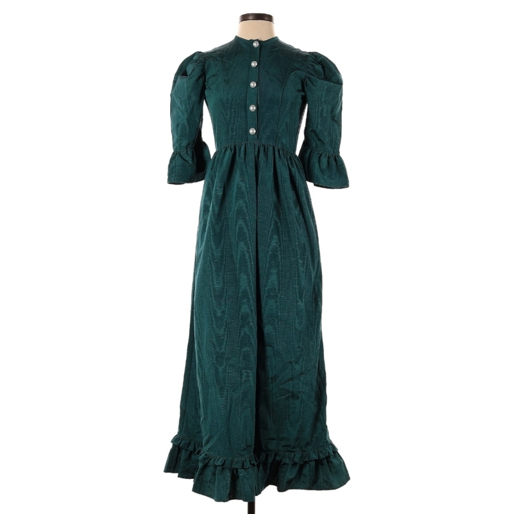 Batsheva Teal Long Sleeve Ruffle Dress Pearl Buttons Size 2